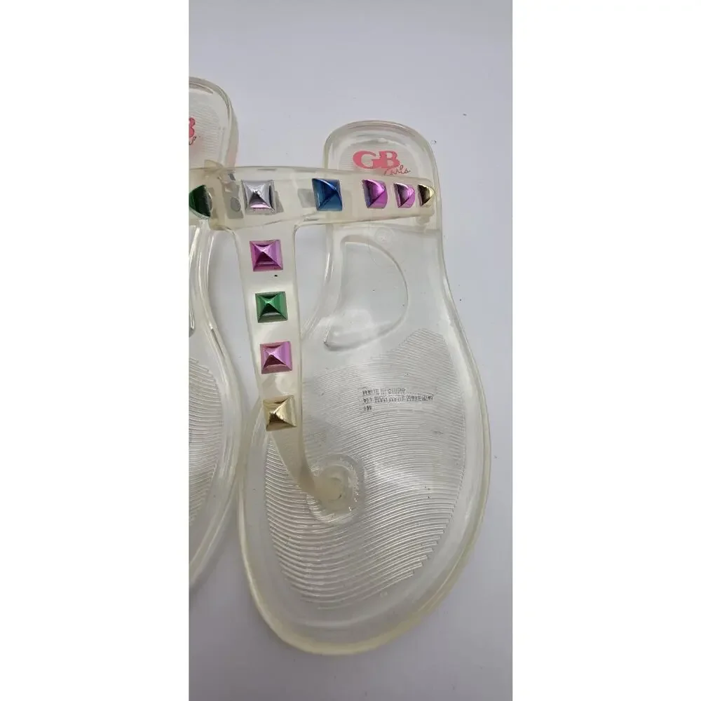 GB Girls Clear Jelly Sandals Size 1M Multicolor Studded T-Strap Flip Flops